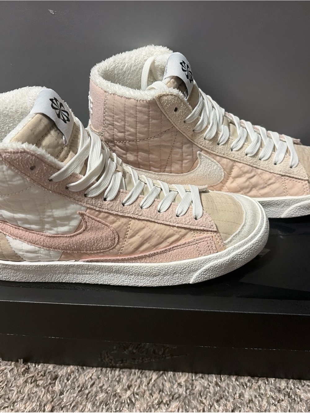 Nike Quilted High-Top Sneakers in Pale Pink and Cream